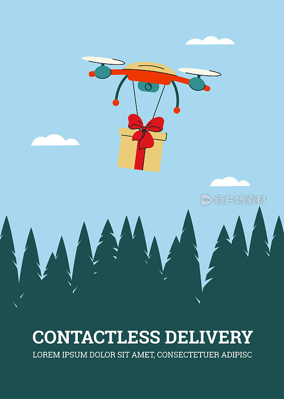 Contactless delivery of gifts by air using drones. Flight over the forest. Concept for design and advertising. Vector
